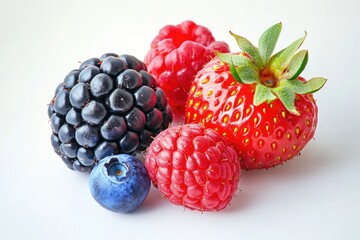 Close-up shot of various berries on a clean and pure white background
