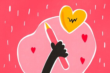 Hand drawing heart with pencil on pink background