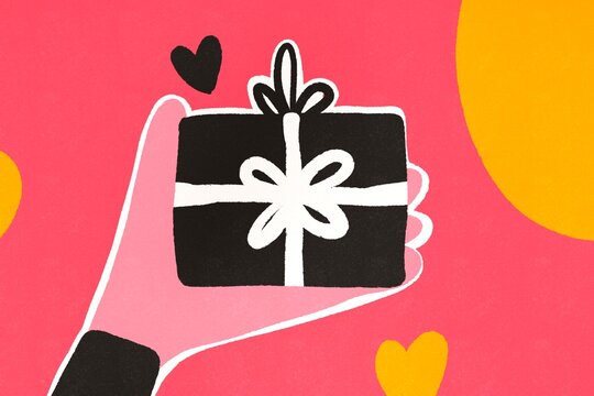 Hand holding a stylized gift on a vibrant pink background