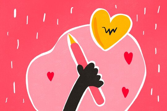Hand drawing heart with pencil on pink background