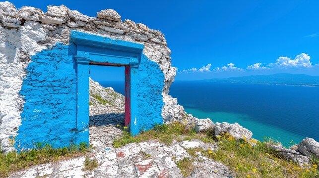 Blue door on rocky cliff with ocean view in capo vaticano during urban exploration