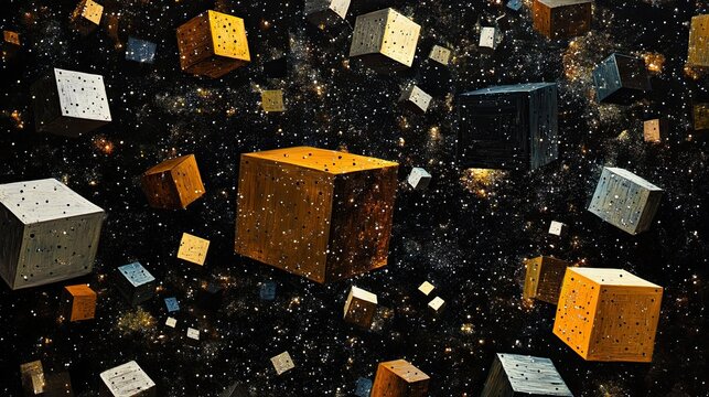 A scatter plot with each point represented by tiny geometric cubes, floating in an abstract space.