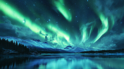 Night landscape with aurora borealis in sky