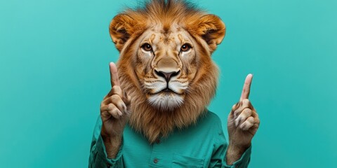 A person wearing a lion mask makes a peace sign gesture