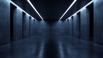 Dark, modern interior space with concrete walls and illuminated ceiling lines, evoking a minimalist aesthetic