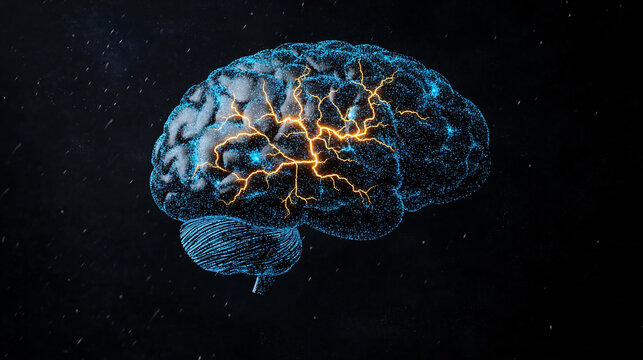 Digital illustration of human brain with electrical activity, showcasing neural connections and vibrant energy. This artwork represents complexity of thought and cognition