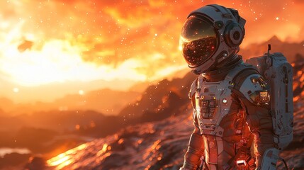 A futuristic astronaut in a sleek, colorful spacesuit with glowing accents, standing on the surface of an alien planet, with vibrant nebulae and distant stars in the background