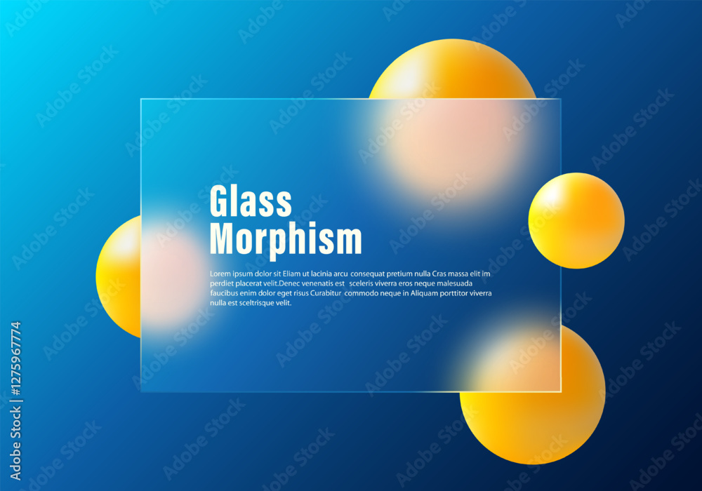Wall mural glass morphism website landing page template. dark blue background with glass partition and floating