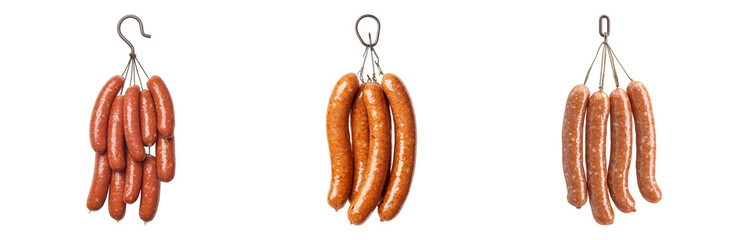 Assorted Sausages Hanging for Display in Market Isolated on transparent background