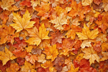 Fallen autumn leaves in vibrant orange and yellow tones