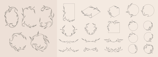 Set of hand drawn vector frames. Elegant borders with floral elements in boho style. Perfect for wedding invitation, logo, save the date cards