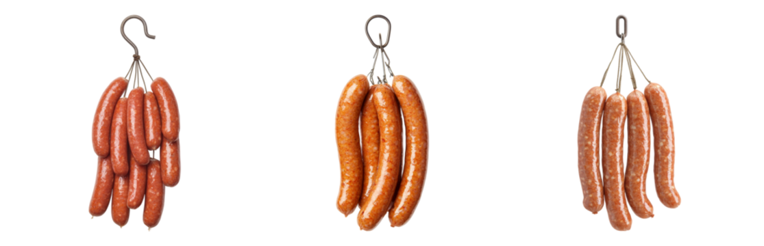 Assorted Sausages Hanging for Display in Market Isolated on transparent background