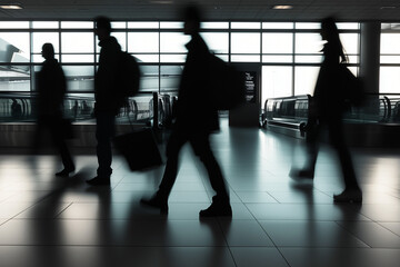 Journey's Silhouette: A blurred, evocative image captures the essence of travel, with silhouetted figures moving purposefully through a modern transit hub.