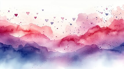 Obraz premium A gentle watercolor wash of pink, lavender, and white, with tiny hearts scattered across, creating a serene and minimalistic backdrop for romantic content