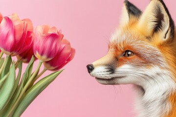 Fototapeta premium A close-up shot of a fox surrounded by a bouquet of flowers