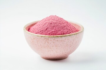 A decorative bowl filled with pink powder on a white surface - obrazy, fototapety, plakaty