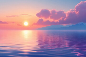 Serene sunset over calm ocean, pink clouds. Ideal for travel, vacation, and relaxation themes, evokes peace and tranquility.