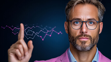 Confident Businessman Presenting Data Insights with Vibrant Graphs in a Modern Work Environment
