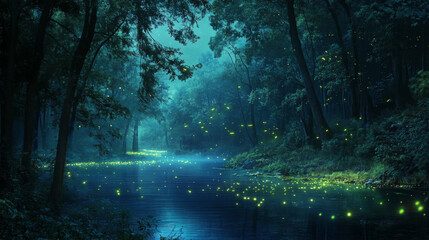 Fototapeta premium Dark night forest landscape with fantasy lake and firefly cartoon illustration. Magic game woods scene. Mystery park environment with green glowworm light. Blue misty wonderland at midnight panorama