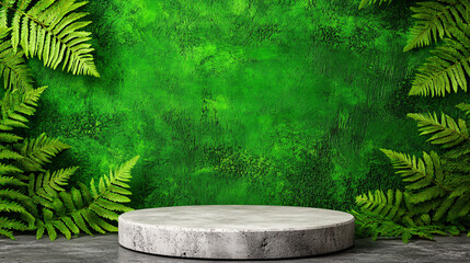 circular concrete podium surrounded by lush green ferns against vibrant green textured background creates refreshing and natural atmosphere