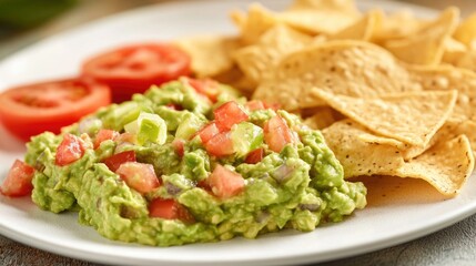 Fresh guacamole served with crispy tortilla chips on a white plate, perfect for snacking or as part of a meal