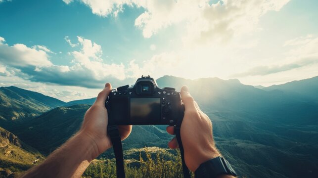 Video generation for a photographer shooting a landscape outdoors. Featuring creativity and nature