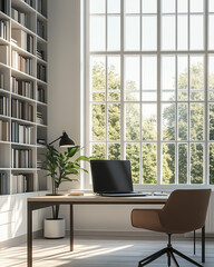 Modern office with large windows, a sleek desk, and a comfortable chair, designed for productivity and style.