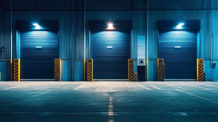 Industrial warehouse interior with three loading bays illuminated by blue and orange light