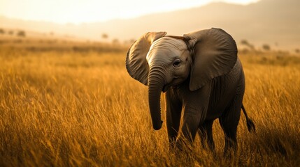 Naklejka premium Majestic Elephant in Golden Grassland at Sunset in Serengeti