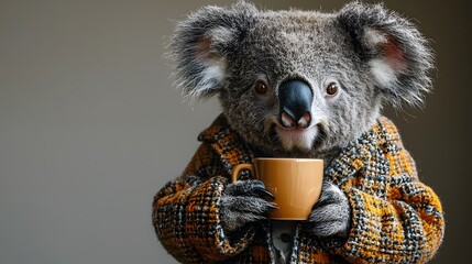 Sleepy Koala in a Suit Holding a Coffee Cup on a Soft White Background