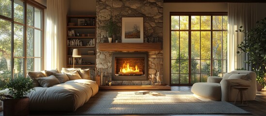 Cozy Living Room with Stone Fireplace and Large Windows Overlooking a Sunlit Forest in a Modern Home