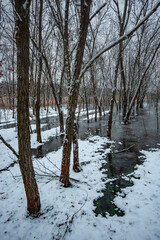 Mysrious place in the forest ,winter landscape with a lake in forest , and snow on the trees .Beautiful place to stand alone , frozen river . Cold and snowy weather , blue and film colors .