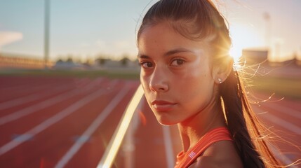 A woman stands at a track event, her back turned to the camera, showcasing a red uniform with bib number "123" against a sunset backdrop.