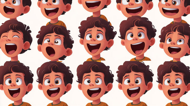 Boy kid character mouth animation cartoon vector. Sync talk english letter pronunciation construction template set with happy and sad emotion expression. Alphabet sound pack for speech generator