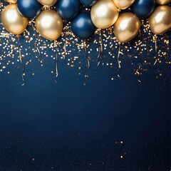 Colorful celebration scene with balloons and confetti on a blue and gold background, ideal for party or event decorations