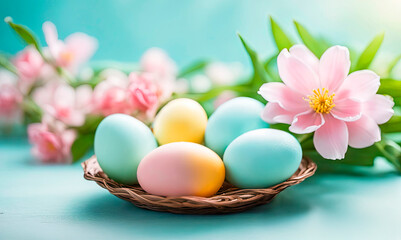 Easter light yellow background anchors a delicate frame of soft pink cherry blossoms and pastel Easter eggs,