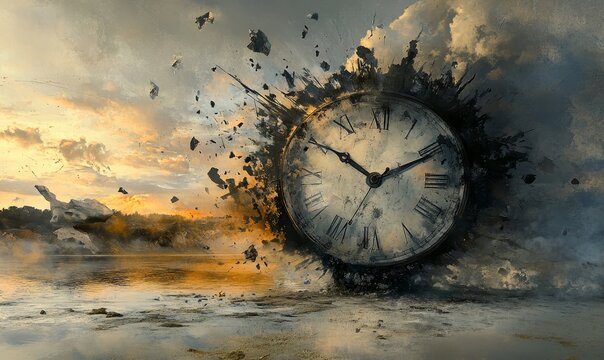 Clock explodes revealing sky horizon.