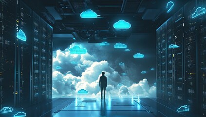 Person in server room, cloud computing concept