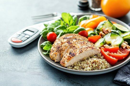 Healthy grilled chicken meal for diabetes management kitchen table setting food photography balanced diet close-up view nutritional awareness