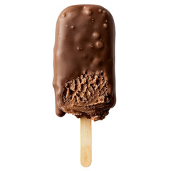 Chocolate ice cream bar on a stick with bite taken isolated on png transparent background, cut out