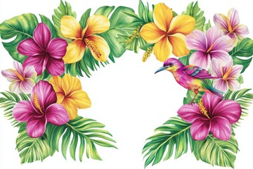 Floral Arrangement with Pink Hibiscus Yellow Flowers and a Bird on White Background