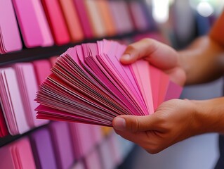 Hands hold paint swatches in store