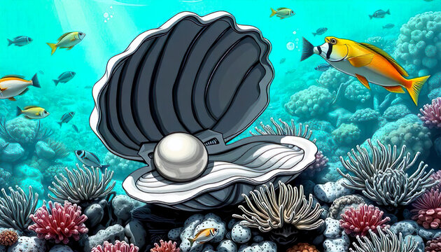 Close-Up Illustration Of An Open Seashell With A Pearl