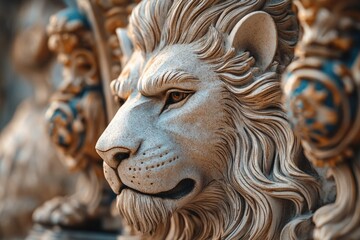Obraz premium Close-up view of a lion's face on a statue, suitable for use in various designs and themes