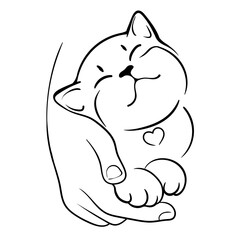 Cat in human hand, pet in human embrace, friendship between human and animal, Black and white colorless 
