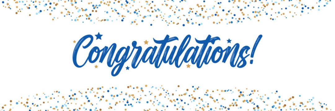 Congratulations greetings banner with blue and gold confetti