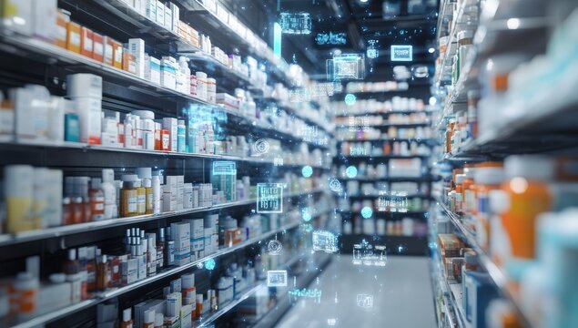 Pharmacy AI Future, data analysis in a modern drugstore