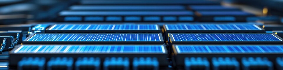 Photography of rows of solar panels on a moving conveyor belt, possibly in a manufacturing facility