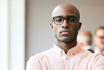 Obraz premium Confident man in glasses with a serious expression, dressed in a button-up shirt, set against a blurred background.