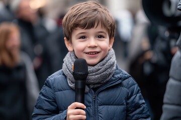 Young Child Holds Microphone, Speaks to Crowd, Enthusiastically Delivers Speech Outdoors